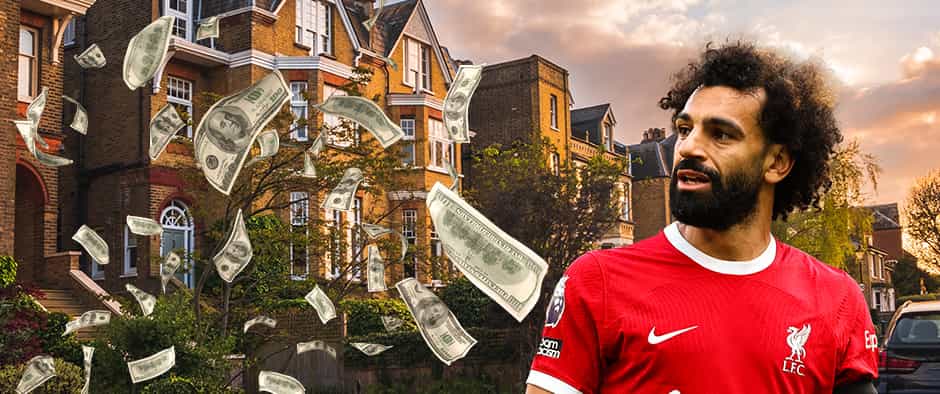 A picture of Mo Salah against a backdrop of English houses represents that footballers earn enough money to buy plenty of property. 