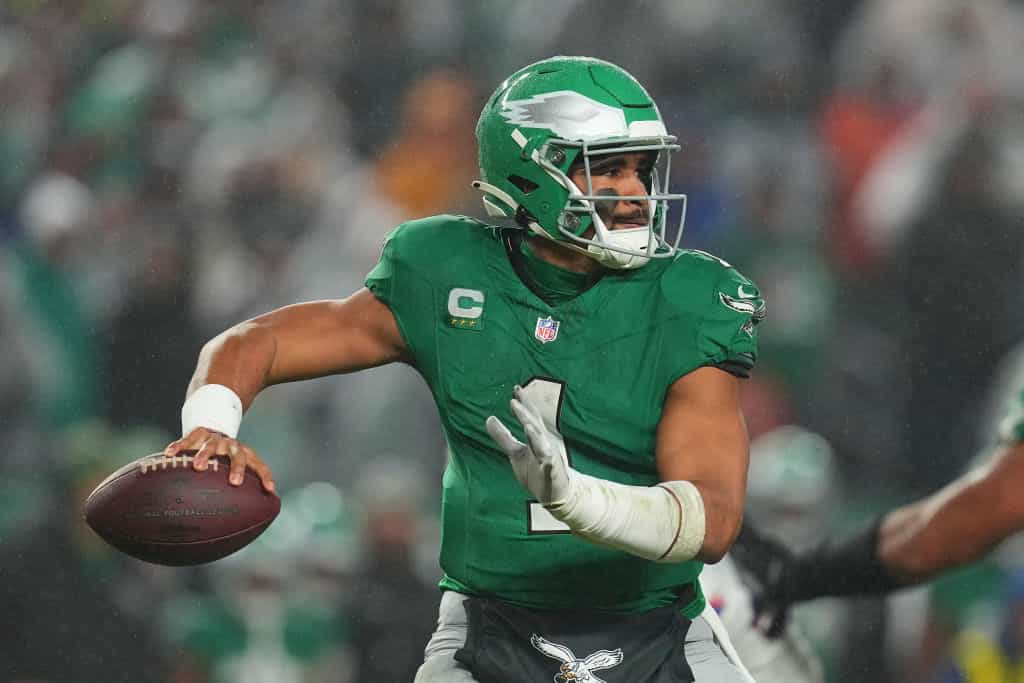Jalen Hurts of the Philadelphia Eagles passes the ball against the Buffalo Bills at Lincoln Financial Field during a 2023 game.