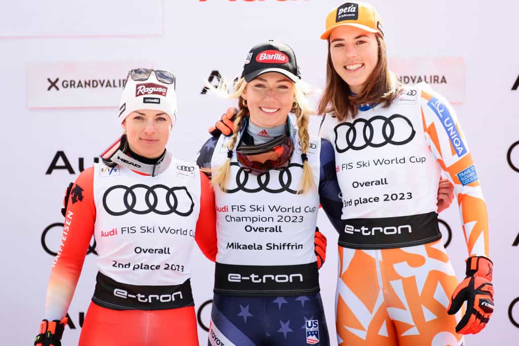 Lara Gut-Behrami, Mikaela Shiffrin and Petra Vlhova of Slovakia sharing an Audi FIS Alpine Ski World Cup podium.
