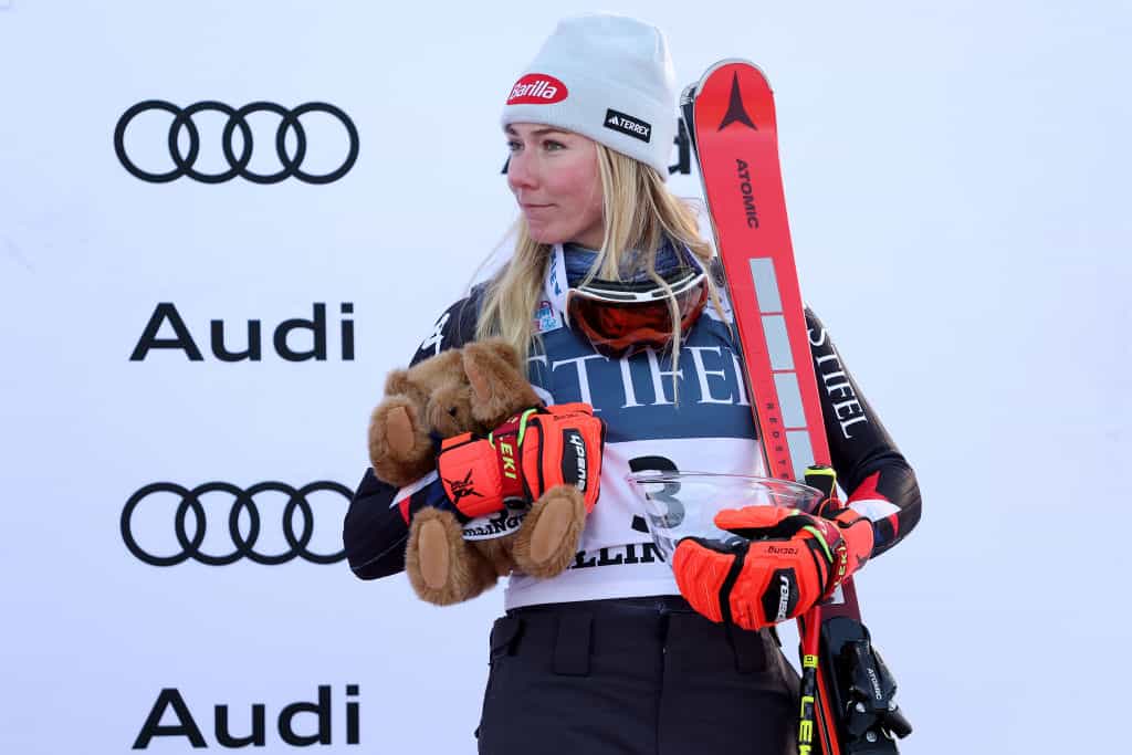 Mikaela Shiffrin on from the podium after finishing third in a 2023 Women's Giant Slalom in Killington, Vermont. 