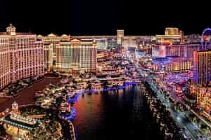 Aerial photo of Las Vegas at night.