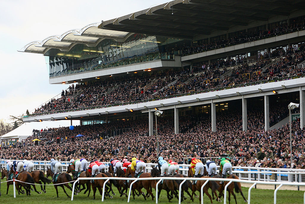 A view of the packed Cheltenham stands as runners thunder by. 