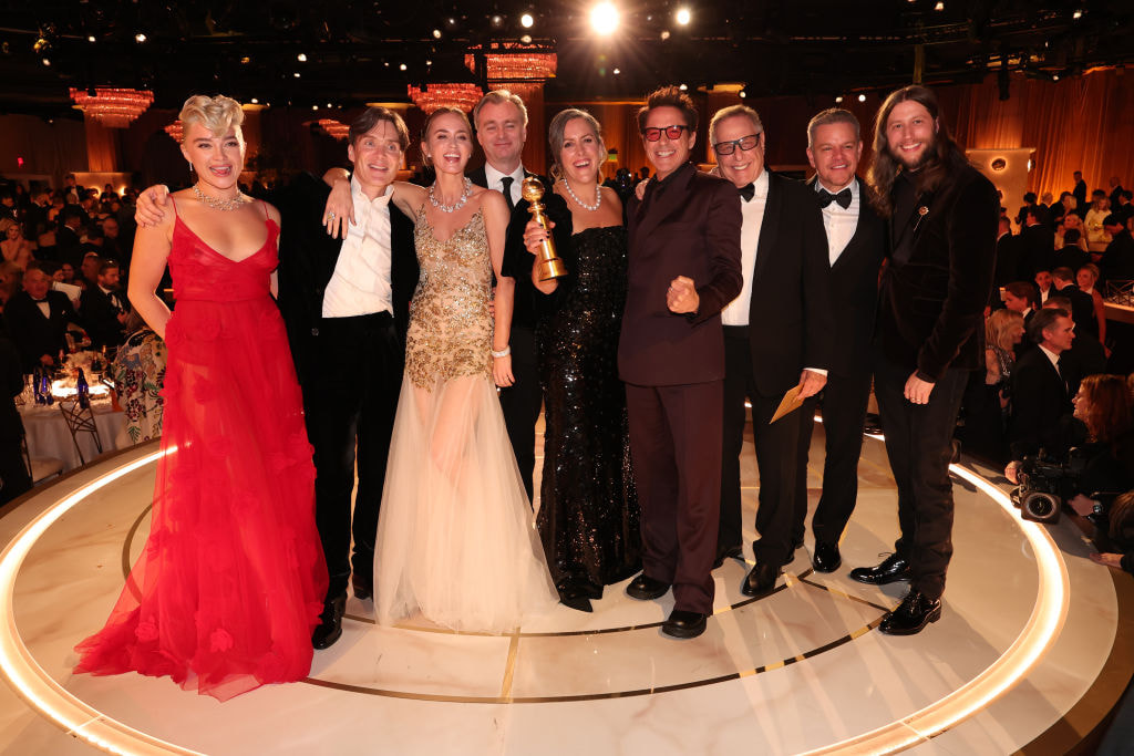 The cast of Oppenheimer on stage at the 2024 Golden Globe Awards.
