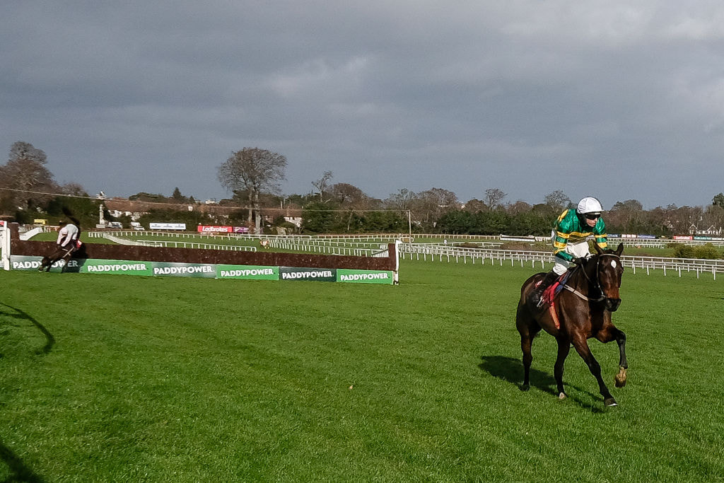Mark Walsh riding Fact To File clear the last to win The 2024 Ladbrokes Novice Chase at Leopardstown. 
