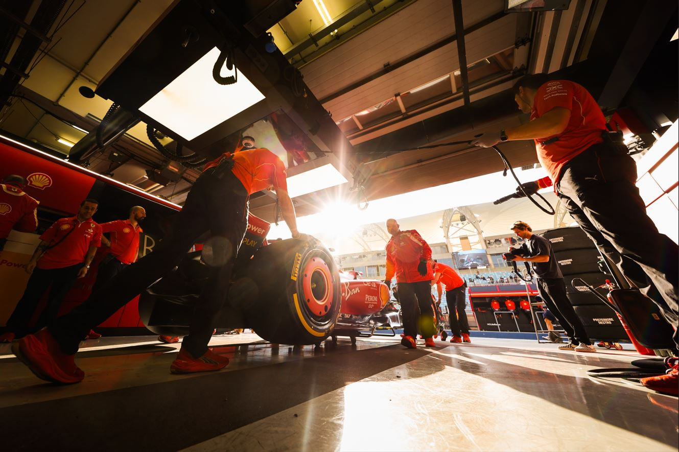 Inside the Ferrari F1 garage during 2024 pre-season testing.