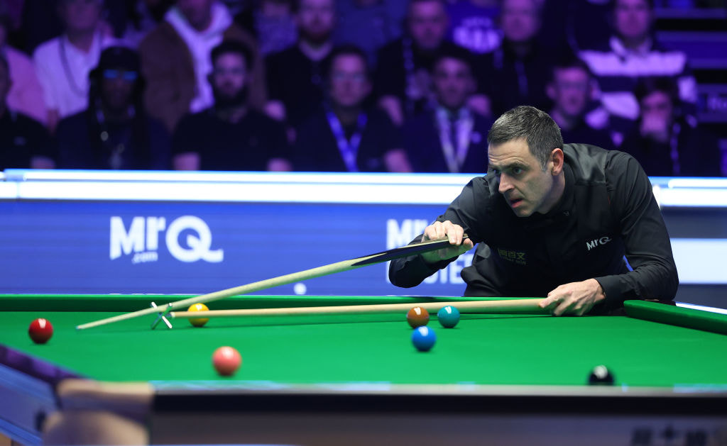 Ronnie O’Sullivan takes a shot during the 2024 Masters tournament.