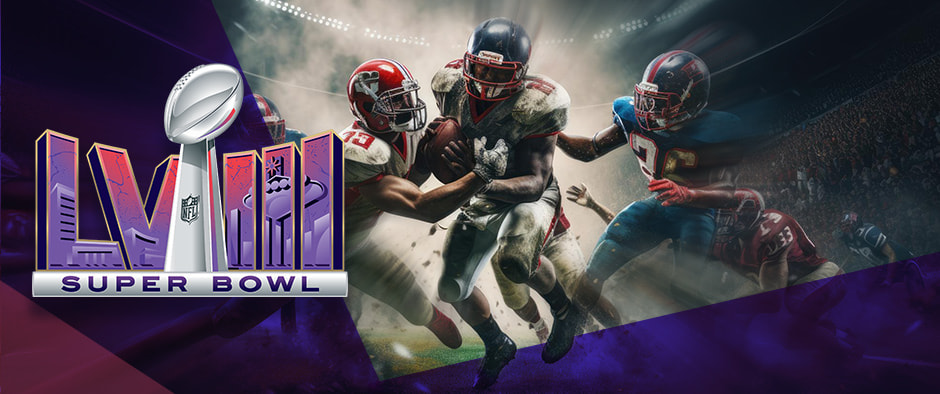 A picture of American football action with the Superbowl logo shown.