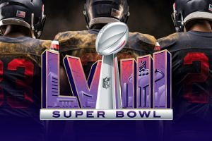A picture of American Football with the Super Bowl logo shown