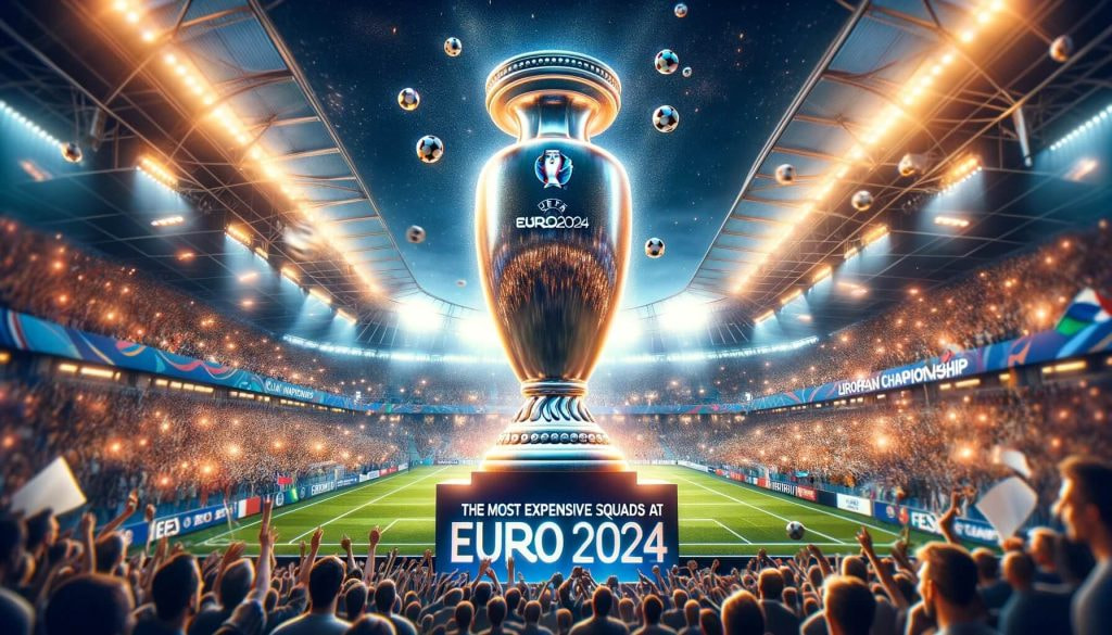 European Championship trophy in a football stadium with the text "The Most Expensive Squads at Euro 2024"