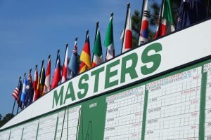 A detailed view of the leaderboard during a practice round prior to the 2023 Masters Tournament at Augusta National Golf Club.