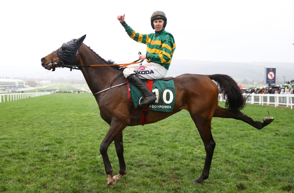 Mark Walsh celebrates on board Sire Du Berlais after winning the 2023 Paddy Power Stayers Hurdle.