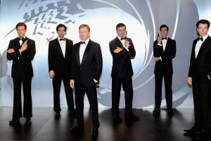 Wax figures of six actors who have played the role of James Bond.