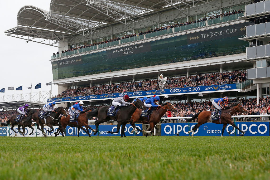 Ryan Moore, riding Churchill, wins The 2017 2000 Guineas Stakes at Newmarket.