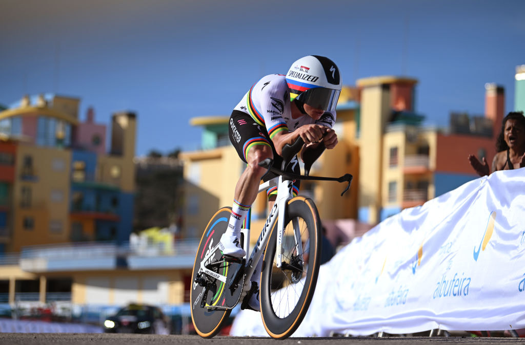 Cyclist Remco Evenepoel of Belgium sprints during the 2024 Volta ao Algarve em Bicicleta.