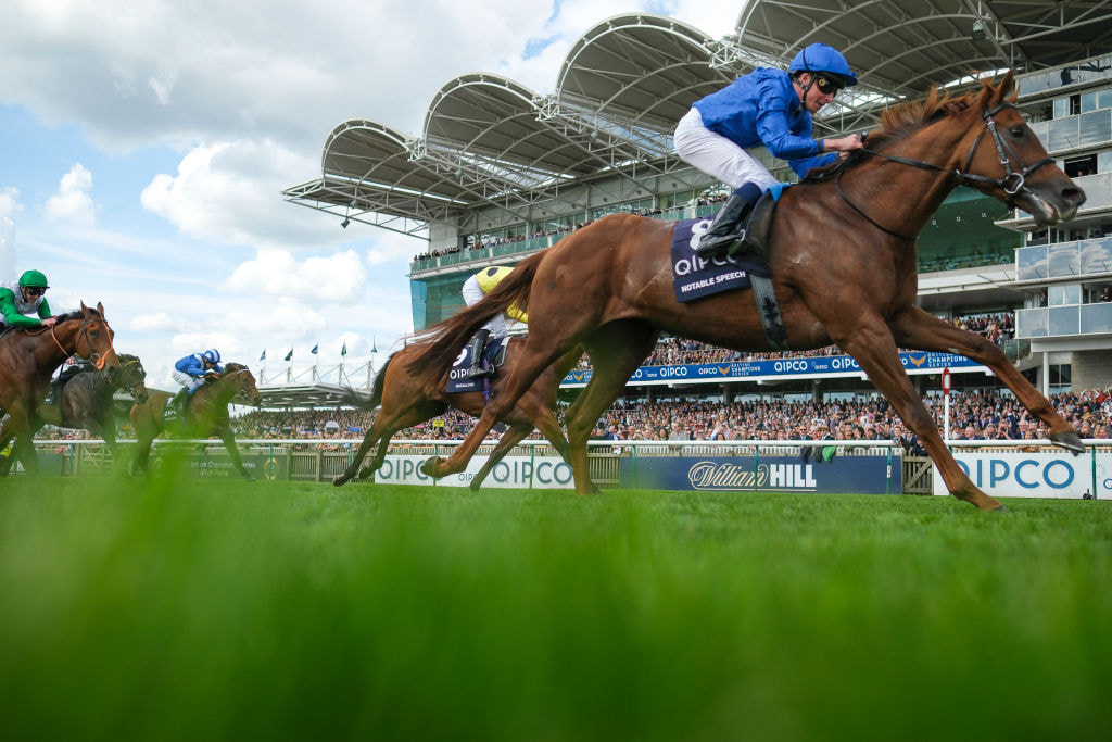 William Buick riding Notable Speech to win the 2024 Qipco 2000 Guineas Stakes. 