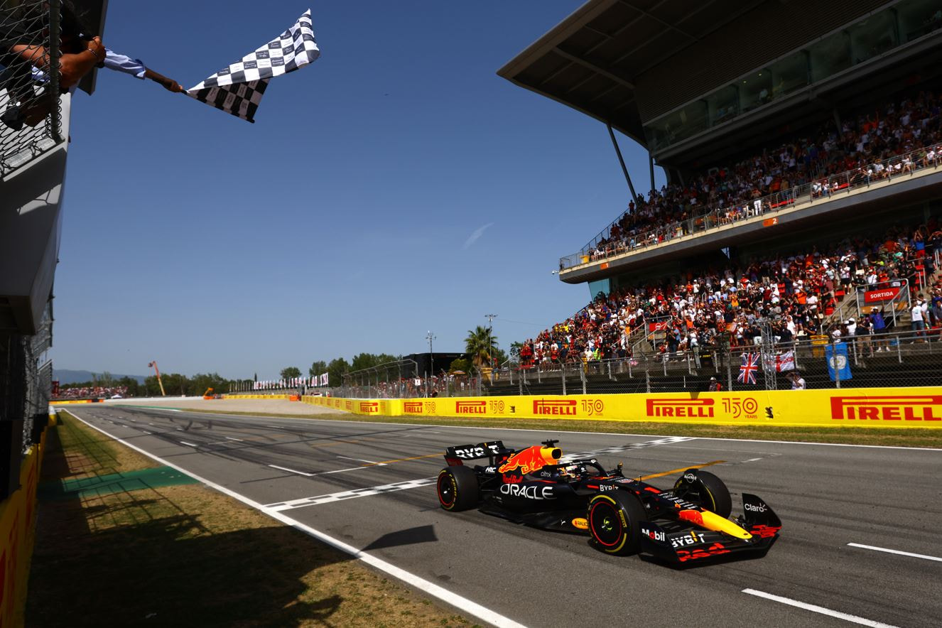Max Verstappen greets the chequered flag at the 2022 Spanish Grand Prix.