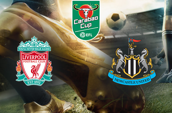 A dynamic football image showing a player poised to kick a ball on the pitch, with the logos of Liverpool Football Club and Newcastle United Football Club prominently displayed. The Carabao Cup logo is centred above, set against a dramatic stadium backdrop that exudes excitement and anticipation.