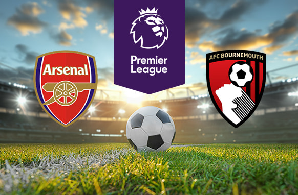Image depicting a football match between Arsenal and AFC Bournemouth in the Premier League, featuring the club logos of Arsenal on the left and AFC Bournemouth on the right. A soccer ball is placed on the grass in the foreground, with a stadium in the background under a sky with clouds and sunlight. The Premier League logo is centred at the top of the image.