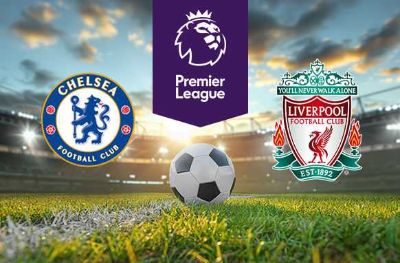 Image featuring a football match between Chelsea and Liverpool in the Premier League. The Chelsea logo is on the left and the Liverpool logo on the right. A soccer ball is placed on the grass in the foreground, with a stadium in the background under a sky with clouds and sunlight. The Premier League logo is centred at the top of the image.