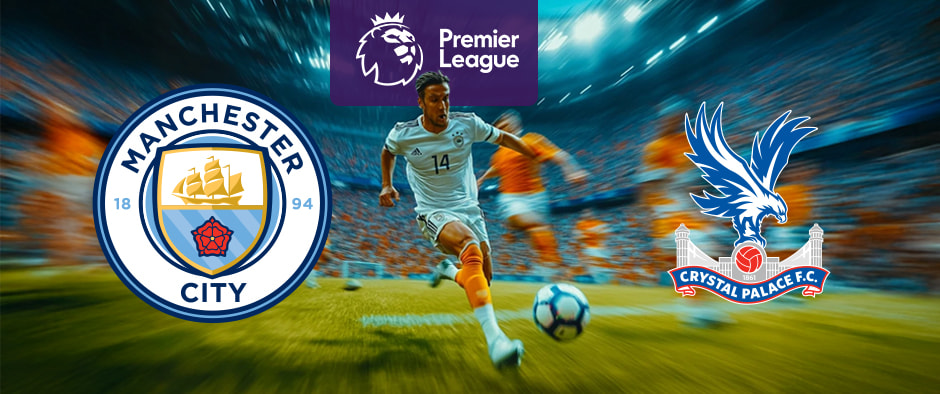 A dynamic graphic promoting a Premier League match between Manchester City and Crystal Palace.  The image features the respective team logos, a blurred action shot of a football player in motion, and the Premier League logo.