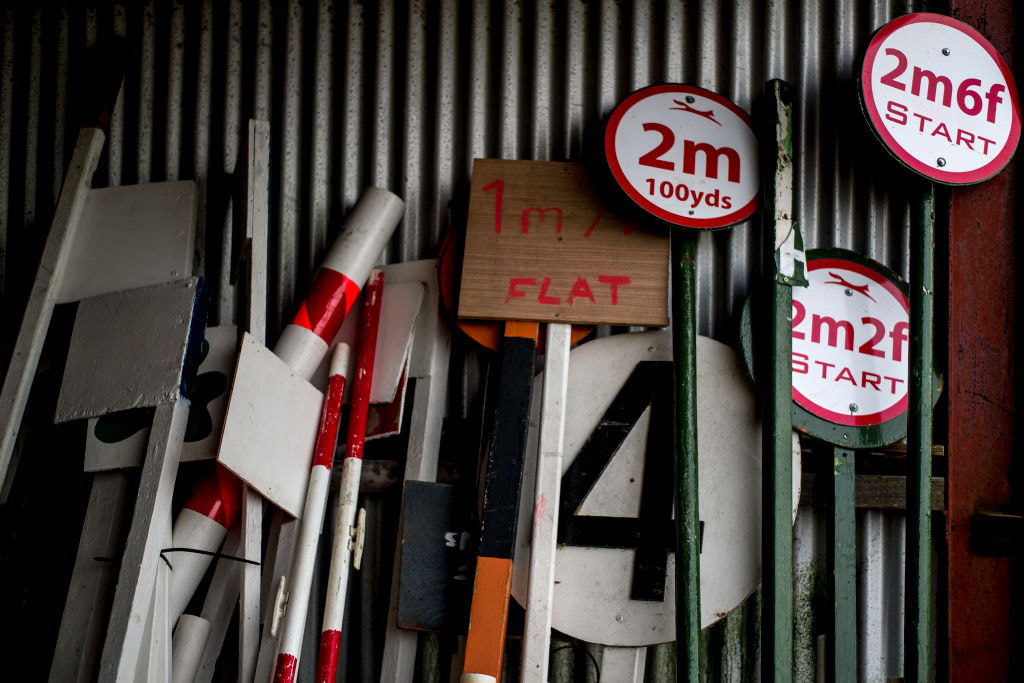 Signs and posts in storage at Punchestown Racecourse.