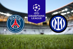 The image features the logos of Paris Saint-Germain (PSG) and Inter Milan on either side of the UEFA Champions League emblem. The PSG logo, on the left, showcases the Eiffel Tower with the words "Paris Saint-Germain" encircling it. The Inter Milan logo, on the right, consists of the letters "IM" intertwined in blue and black. The UEFA Champions League emblem, in the centre, displays a stylised football made of stars above the tournament's name. The background shows a blurred view of a stadium with green grass in the foreground.