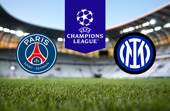The image features the logos of Paris Saint-Germain (PSG) and Inter Milan on either side of the UEFA Champions League emblem. The PSG logo, on the left, showcases the Eiffel Tower with the words "Paris Saint-Germain" encircling it. The Inter Milan logo, on the right, consists of the letters "IM" intertwined in blue and black. The UEFA Champions League emblem, in the centre, displays a stylised football made of stars above the tournament's name. The background shows a blurred view of a stadium with green grass in the foreground.