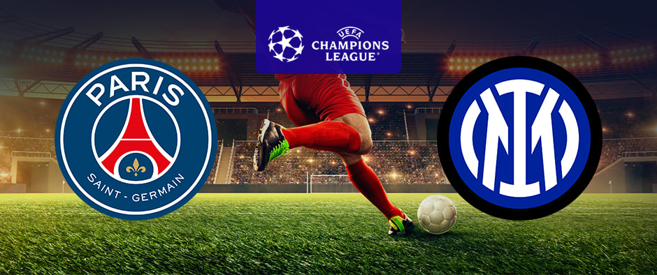 The image shows the logos of Paris Saint-Germain (PSG) and Inter Milan flanking the UEFA Champions League emblem. The PSG logo, on the left, features the Eiffel Tower with "Paris Saint-Germain" surrounding it, while the Inter Milan logo, on the right, consists of the letters "IM" in blue and black. The UEFA Champions League emblem is centred at the top, displaying a star-studded football above the tournament's name. In the background, a player wearing red shorts and socks is poised to kick a football on a stadium field under bright lights.