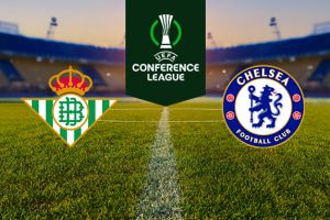 UEFA Conference League match preview featuring the logos of Real Betis and Chelsea FC on a football pitch background, with the UEFA Conference League logo centred above.