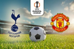The image shows a UEFA Europa League match featuring Tottenham Hotspur vs Manchester United. The teams' logos are displayed alongside a football on a grassy pitch, with a stadium in the background.