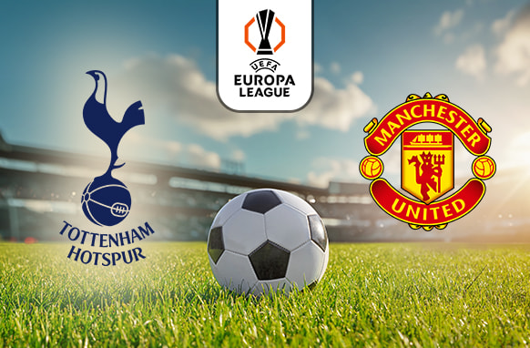 The image shows a UEFA Europa League match featuring Tottenham Hotspur vs Manchester United. The teams' logos are displayed alongside a football on a grassy pitch, with a stadium in the background.