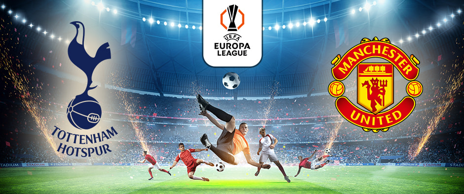 The image displays a dynamic scene from a UEFA Europa League match between Tottenham Hotspur and Manchester United. The teams' logos are shown on opposite sides, with players in action on the field under the stadium lights, kicking the ball amidst a burst of sparks and energy.