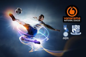 A dynamic digital illustration of a soccer player performing a flying kick with a soccer ball mid-air. The player is surrounded by vibrant, swirling light trails in blue, purple, and orange hues, creating a sense of motion. On the right side, there are logos of the Vanarama National League, Oldham Athletic, and Southend United, indicating a match or event between the two football clubs. The background is dark with a spotlight effect, emphasising the action and energy of the scene.