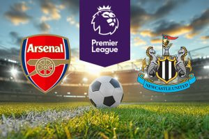An image of a Premier League match featuring Arsenal vs. Newcastle United, with a football on the pitch and the Premier League logo above. The Arsenal and Newcastle United club crests are displayed on either side of the football.