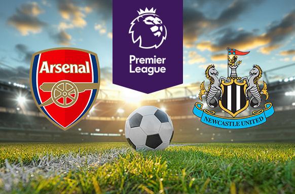 An image of a Premier League match featuring Arsenal vs. Newcastle United, with a football on the pitch and the Premier League logo above. The Arsenal and Newcastle United club crests are displayed on either side of the football.