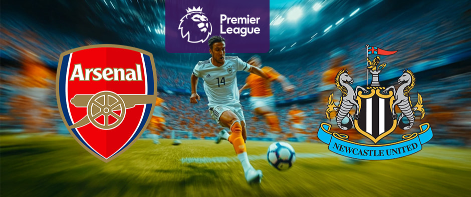 in action on the pitch, with the Arsenal and Newcastle United club crests on either side. The Premier League logo is displayed at the top, and the background features a blurred motion of players in an intense game.