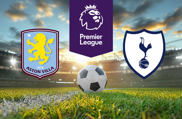 Image shows a football field with a soccer ball in the foreground. The logos of Aston Villa and Tottenham Hotspur are positioned on either side of the ball. Above them, the Premier League logo is displayed prominently against a backdrop of a stadium under a partly cloudy sky.
