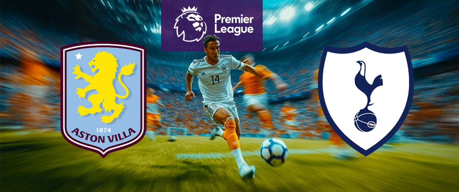 Image depicts a dynamic football scene with a player running towards the ball on a field. The Aston Villa and Tottenham Hotspur logos are positioned on either side of the player. Above them is the Premier League logo, set against a brightly lit stadium background filled with fans.