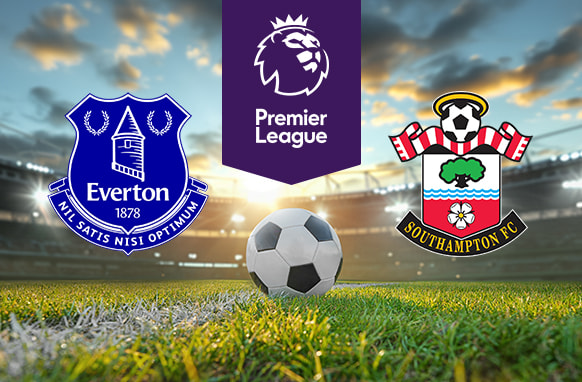 Image shows a football field with a football in the foreground. The logos of Everton and Southampton are positioned on either side of the ball. Above them, the Premier League logo is displayed prominently against a backdrop of a stadium under a partly cloudy sky.