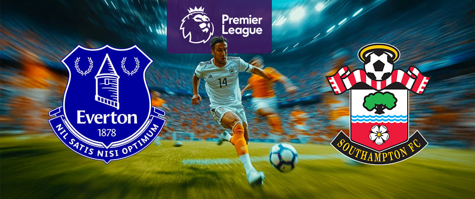 Image depicts a football player on the field running towards the ball. The Everton and Southampton logos are positioned on either side of the player. Above them is the Premier League logo, set against a brightly lit stadium background filled with fans.