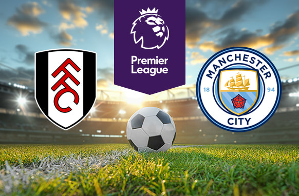 Premier League match graphic featuring Fulham FC versus Manchester City. The image displays both team crests - Fulham's black and white shield with red 'FFC' logo on the left and Manchester City's circular blue emblem with ship design on the right. The Premier League purple logo appears at the top centre. A football sits in the foreground on stadium grass with a dramatic sky in the background.