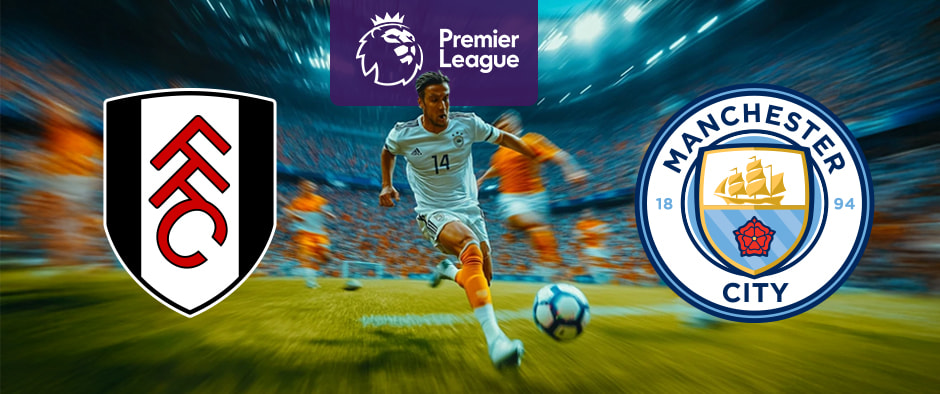 Premier League match graphic featuring Fulham FC versus Manchester City. The image displays both club crests - Fulham's black and white shield with red 'FFC' logo on the left and Manchester City's circular blue emblem with ship design on the right. The Premier League purple logo appears at the top centre. A footballer in a light blue kit with number 14 is shown in action on the pitch, dribbling a football in a blurred stadium atmosphere, creating a dynamic sense of movement.