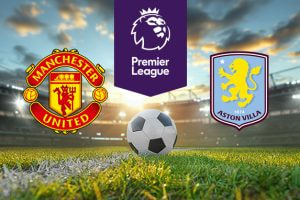 Premier League match graphic featuring Manchester United versus Aston Villa. The image displays both team crests - Manchester United's red and yellow emblem with a devil holding a trident on the left and Aston Villa's claret and blue shield with a yellow lion and '1874' on the right. The Premier League purple logo appears at the top centre. A football is placed on the grass in the foreground with a stadium and a dramatic sky in the background.