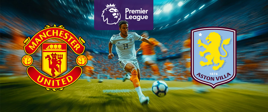 Premier League match graphic featuring Manchester United versus Aston Villa. The image displays both club crests - Manchester United's red and yellow emblem with a devil holding a trident on the left and Aston Villa's claret and blue shield with a yellow lion and '1874' on the right. The Premier League purple logo appears at the top centre. A footballer in a light blue kit with number 14 is shown dribbling a football in a dynamic stadium setting, with blurred players in the background conveying motion.