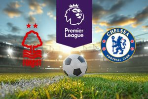 The image shows a Premier League football match between Nottingham Forest and Chelsea, with their respective logos displayed. The scene takes place on a football pitch, with a ball at the centre and the Premier League logo prominently featured above.