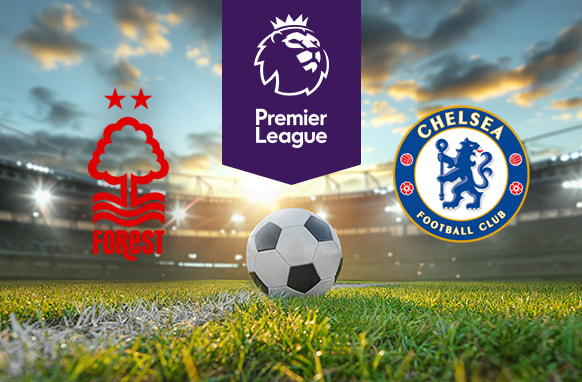The image shows a Premier League football match between Nottingham Forest and Chelsea, with their respective logos displayed. The scene takes place on a football pitch, with a ball at the centre and the Premier League logo prominently featured above.