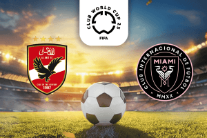 The image features a soccer field at sunset with a football positioned at the center. Above the football is the emblem for the 