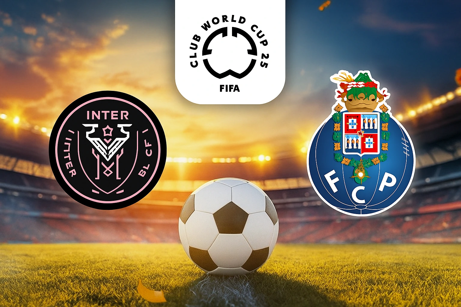 The image features the FIFA Club World Cup 2025 matchup between Inter Miami CF and FC Porto. A football is centred on a grassy field, with a glowing sunset sky in the background. The Inter Miami CF logo is displayed on the left side, while the FC Porto logo is on the right. Above the ball, the FIFA Club World Cup 2025 emblem is prominently featured, with the stadium lights illuminating the scene.