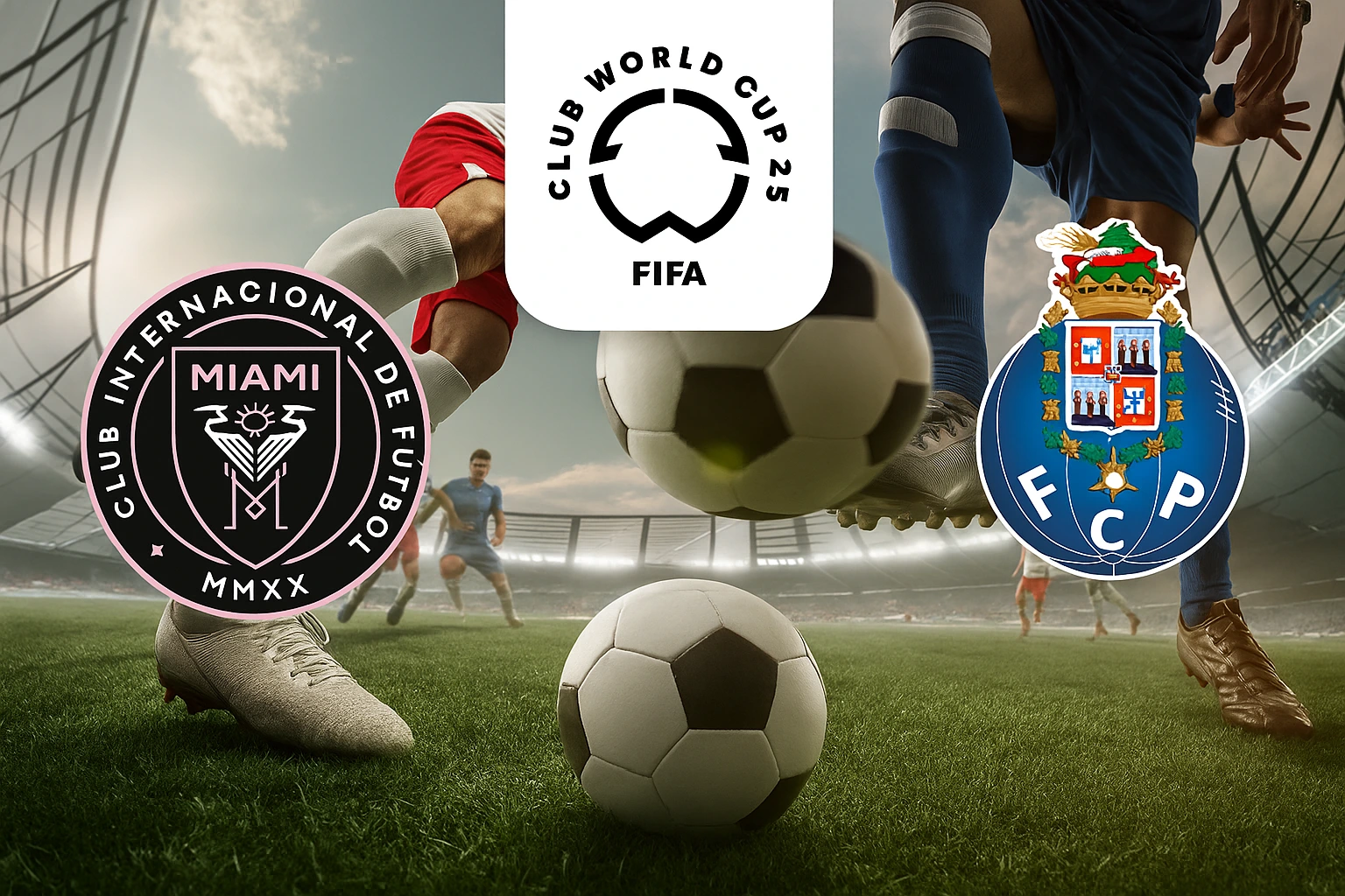The image depicts an upcoming FIFA Club World Cup 2025 match between Inter Miami CF and FC Porto. The foreground shows two football players in action, with a soccer ball prominently featured. The Inter Miami CF logo is on the left, and the FC Porto logo is on the right. In the background, two additional players can be seen on the field, with a stadium filled with lights and a partly cloudy sky above.