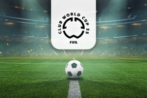A football on a field with the 2025 FIFA Club World Cup logo above.